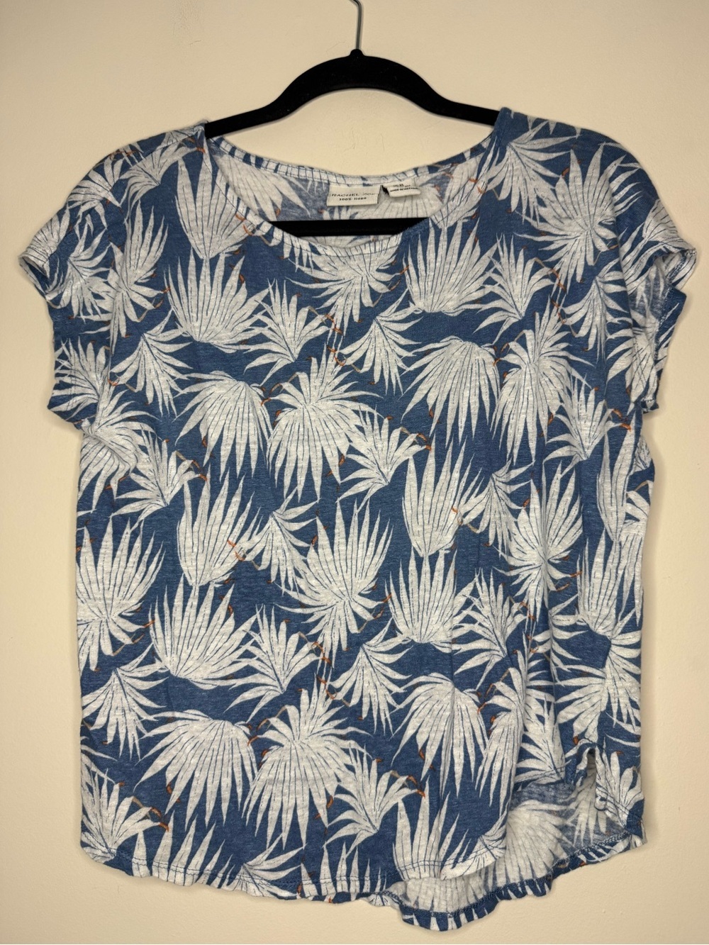 RACHEL ZOE 100% Linen Blue Floral Lagenlook Coastal Short Sleeve Tshirt Top